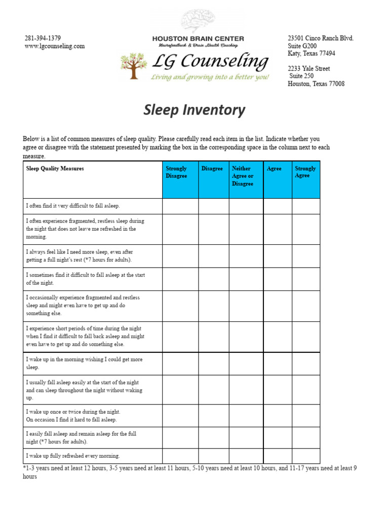 Sleep Inventory - Docx (2) 2 | PDF | Sleep | Mental Disorder