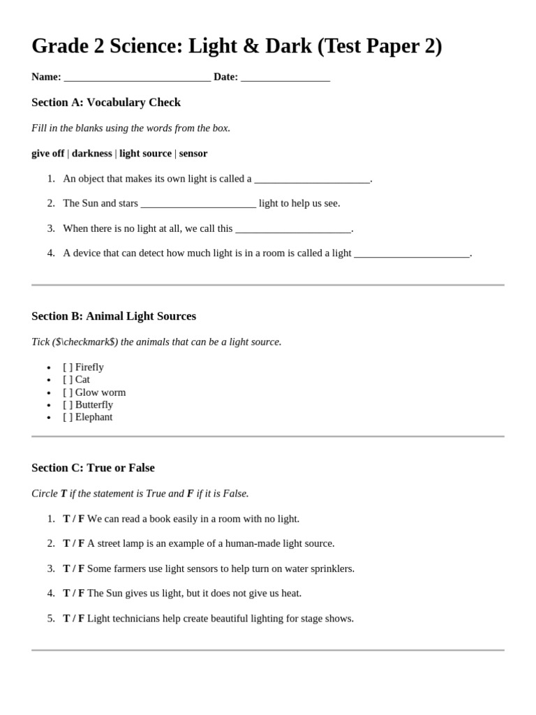 Grade 2 Sience Test Paper Practice Light and Dark | PDF