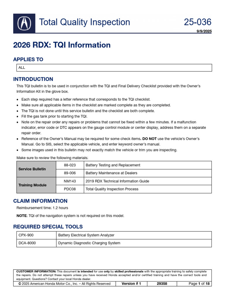 Total Quality Inspection 25-036: 2026 RDX: TQI Information | PDF ...