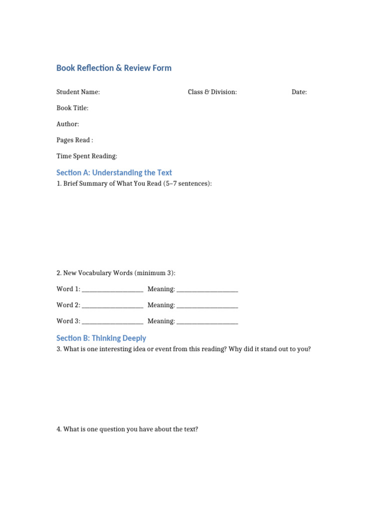 Grade8 Book Reflection Form | PDF