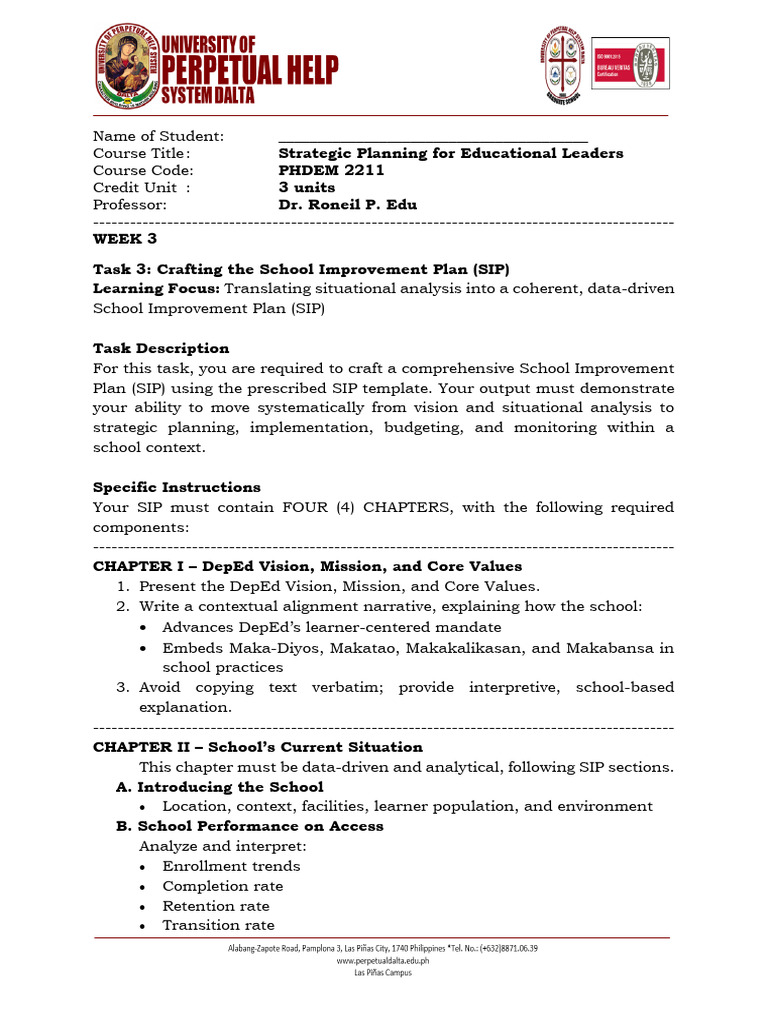 TASK 3 Crafting The School Improvement Plan SIP | PDF | Strategic ...
