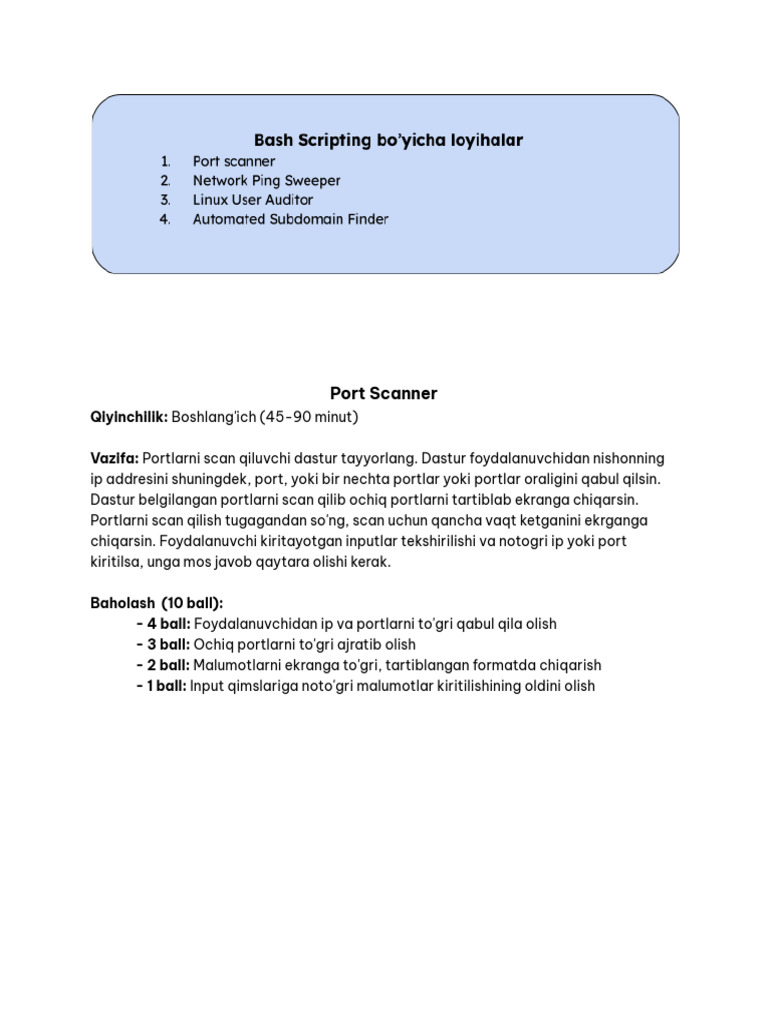 Bash Scripting Bo'Yicha Loyihalar | PDF