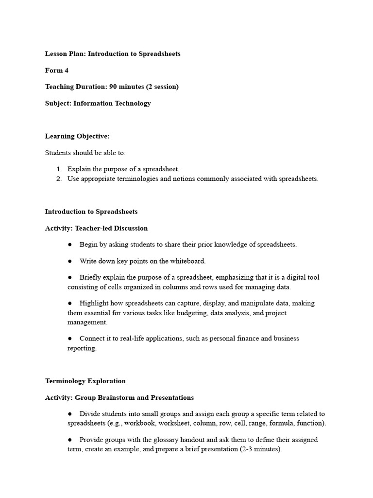 Spreadsheet IT Lesson Plan | PDF