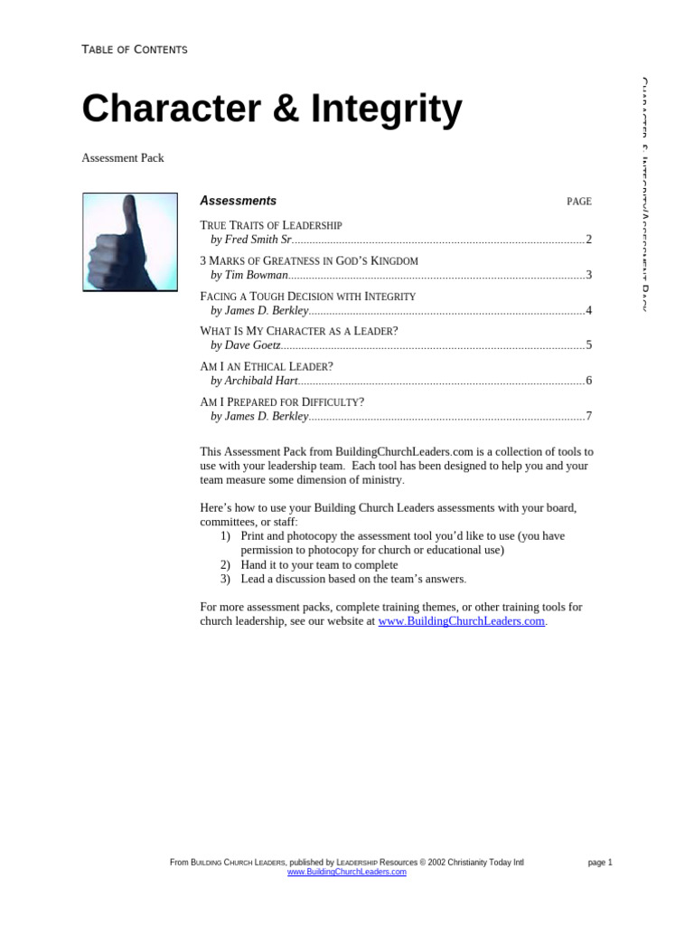 Character & Integrity Assessment Pack | PDF | Humility | Jesus