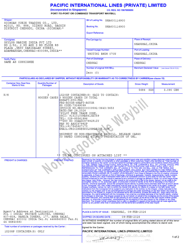 SHA600116900W | PDF | Bill Of Lading | Consignee