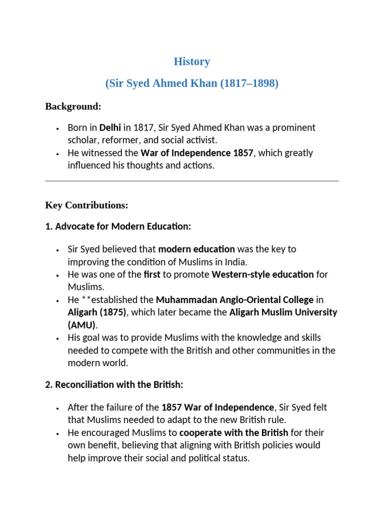 History (Sir Syed Ahmed Khan) | PDF | Two Nation Theory