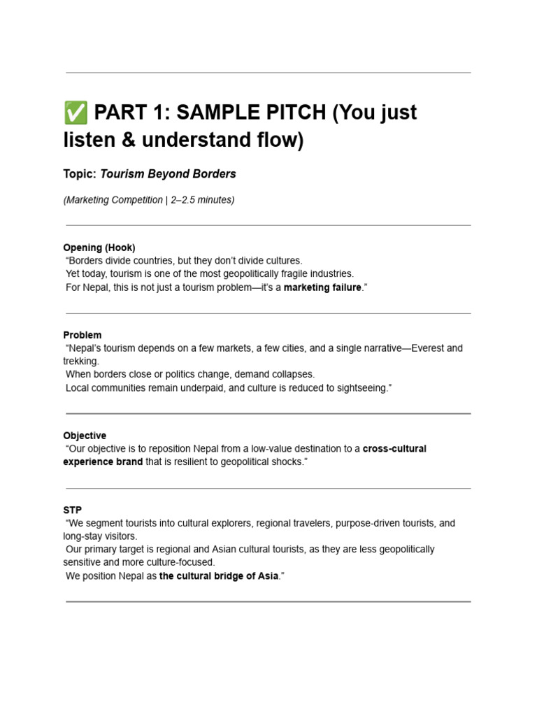 PART 1 - SAMPLE PITCH (You Just Listen & Understand Flow) | PDF
