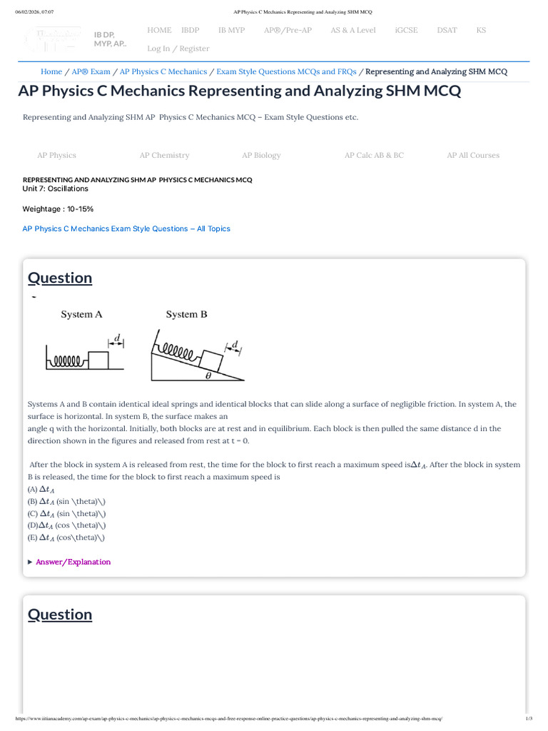 AP Physics C Mechanics Representing and Analyzing SHM MCQ | PDF ...