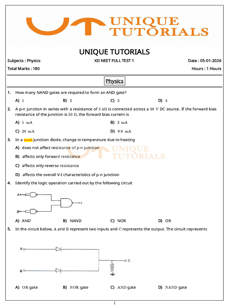 Xii Physics Neet Full Test 1 - Question | PDF | Inductance | Magnetic Field