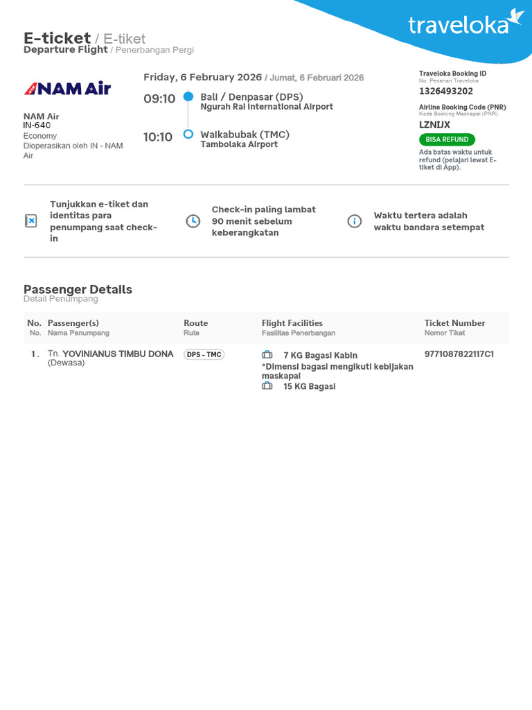 Flight#1 Yovinianus Timbu Dona Dps Lznijx TMC Flight - Originating | PDF