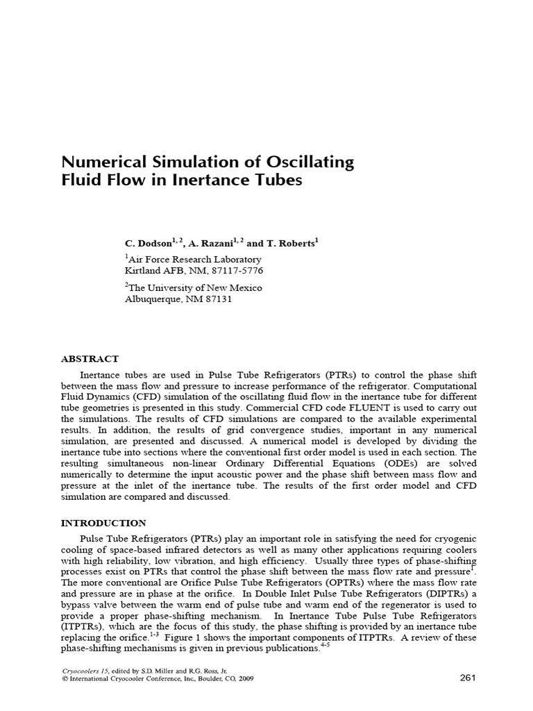 Numerical Simulation of Oscillating Fluid Flow in Inertance Tubes | PDF ...