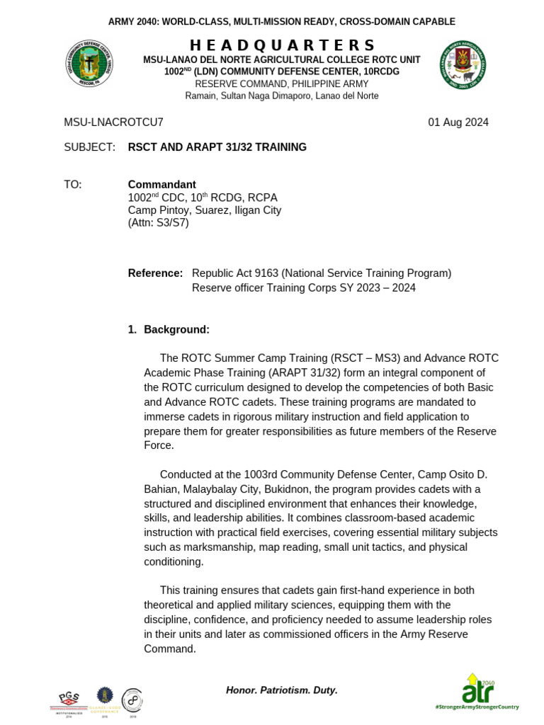 Aar RSC Arapt Training | PDF | Reserve Officers' Training Corps ...