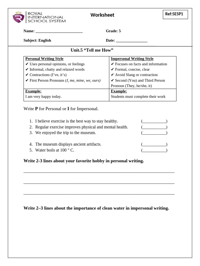 Personal Impersonal Writing Grade 5 | PDF