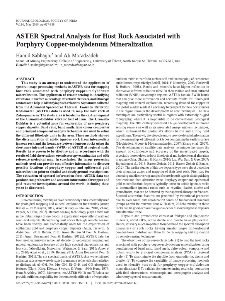 ASTER Spectral Analysis For Host Rock Associated With Porphyry Copper ...