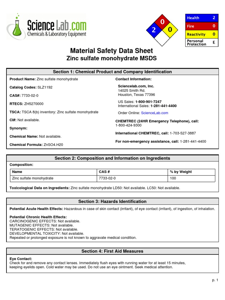 Material Safety Data Sheet Zinc Sulfate Monohydrate MSDS PDF