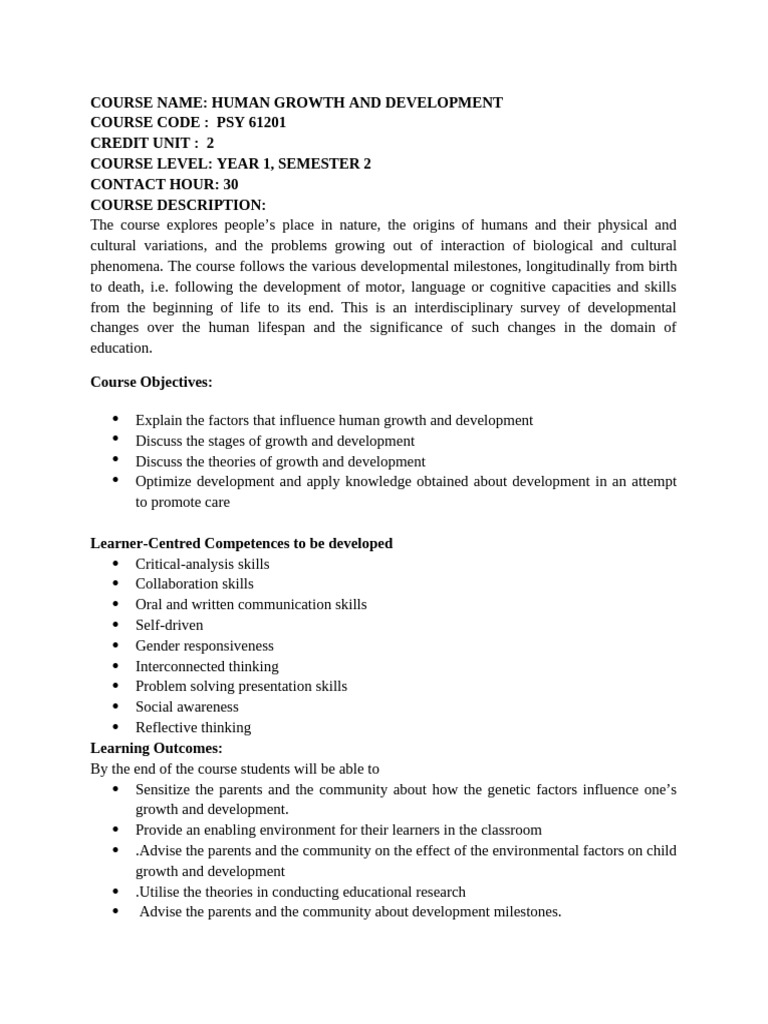 Human Growth and Developement Course Outline | PDF | Critical Thinking ...