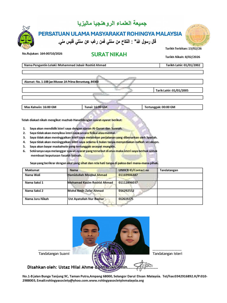 Surat Nikah: No. Rujukan UNHCR/RSM/Pasport: 354-00235819 | PDF