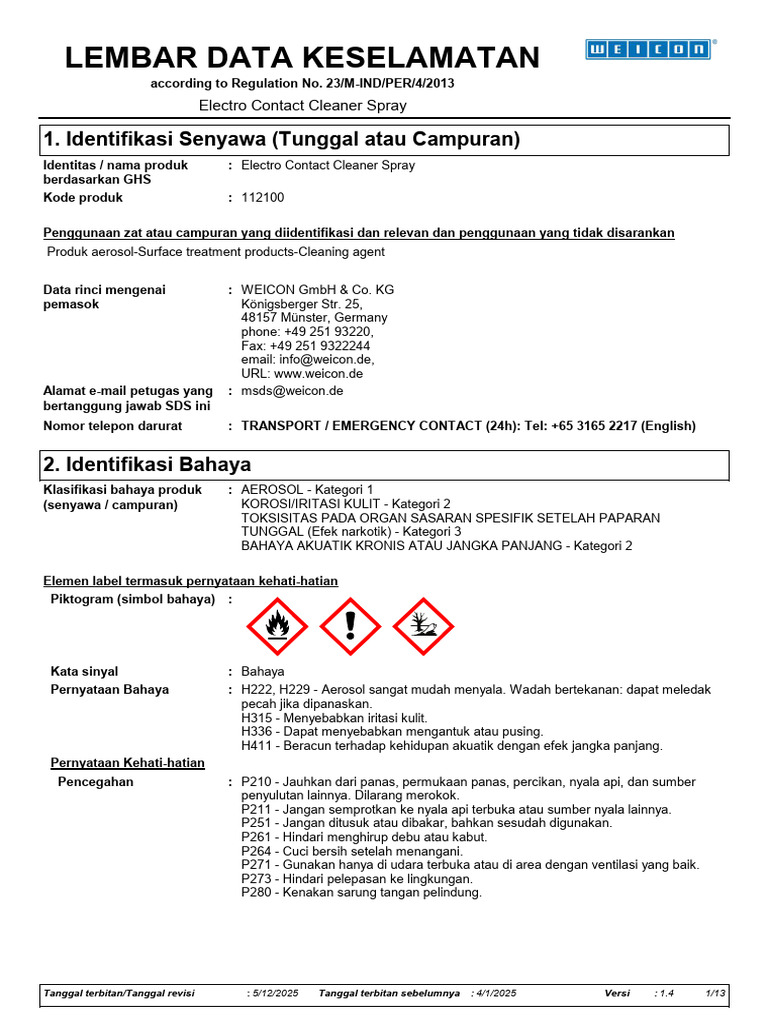 MSDS Contact Cleaner | PDF