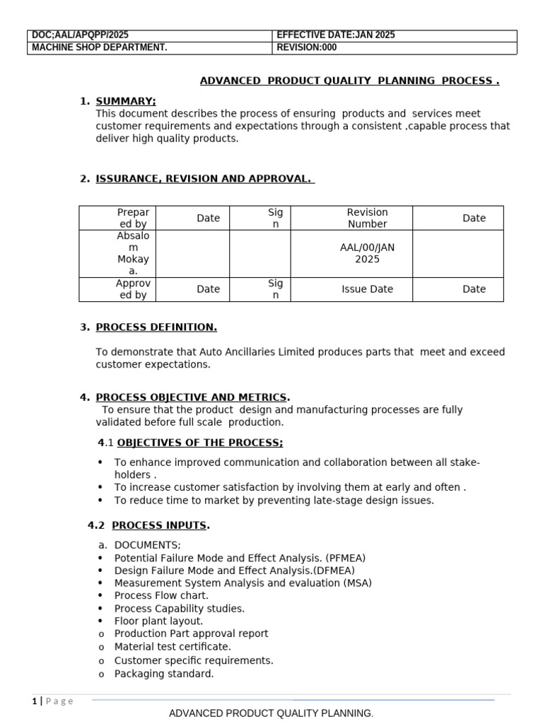 Advanced Product Quality Planning Process | PDF | Evaluation Methods ...