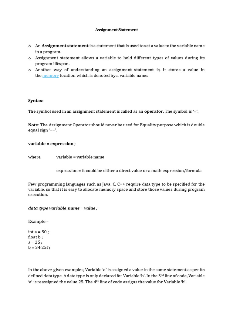 T11 Assignment Statement | PDF | Computer Program | Programming