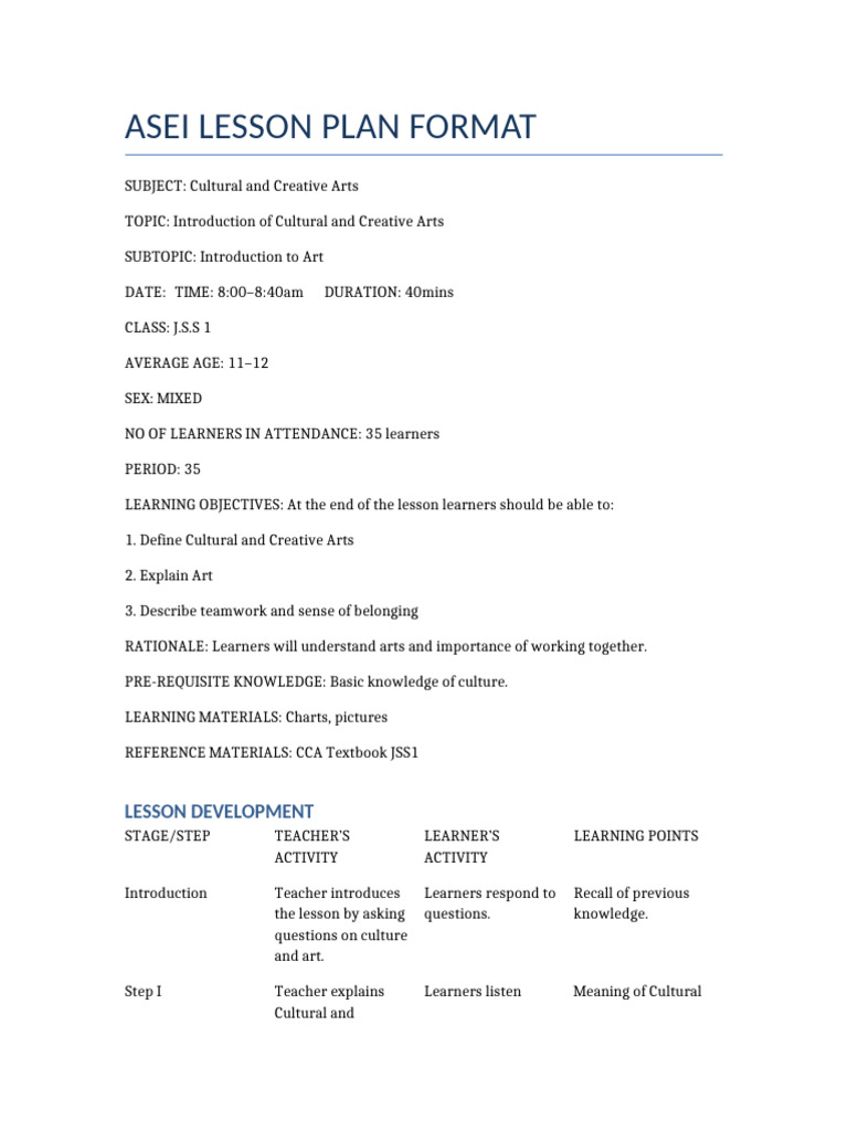 JSS1 CCA Table Lesson1 | PDF