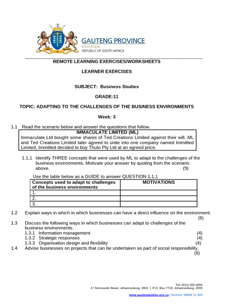 2021 BSTD Grade 11 Week 3 Remote Learning Exercises | PDF | Cognition
