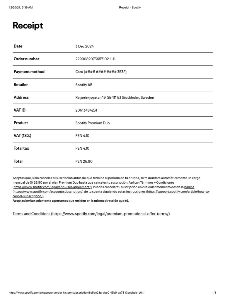 Receipt - Spotify | PDF