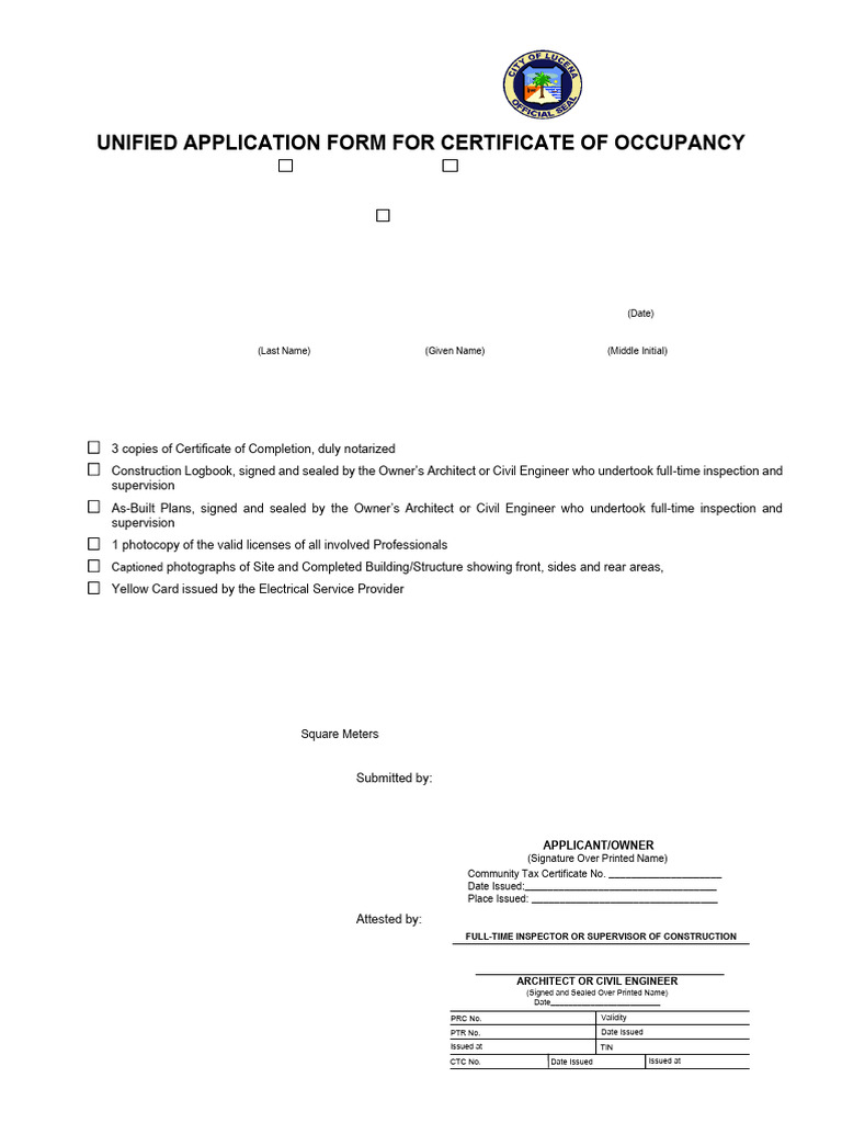 Unified Application Form For Certificate of Occupancy | PDF