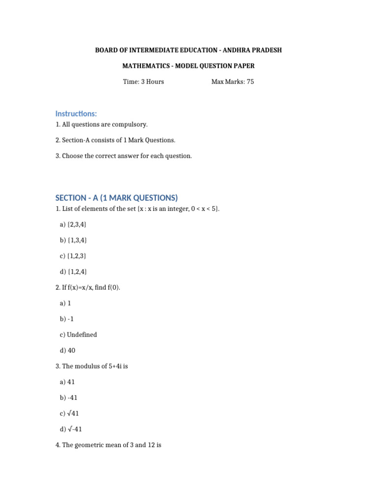 Maths Printable Question Paper | PDF