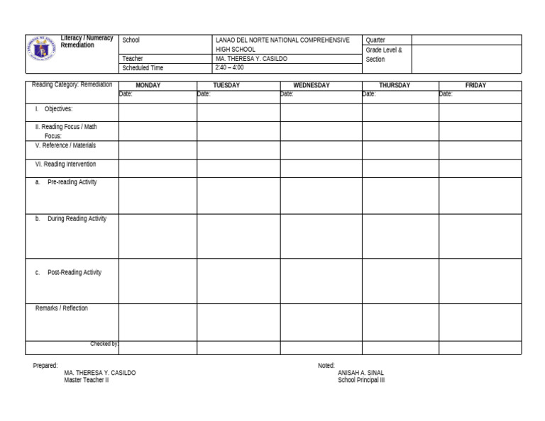 Literacy Numeracy Daily Remediation Plan | PDF