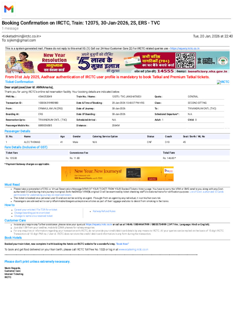 Gmail - Booking Confirmation On IRCTC, Train - 12075, 30-Jan-2026, 2S ...