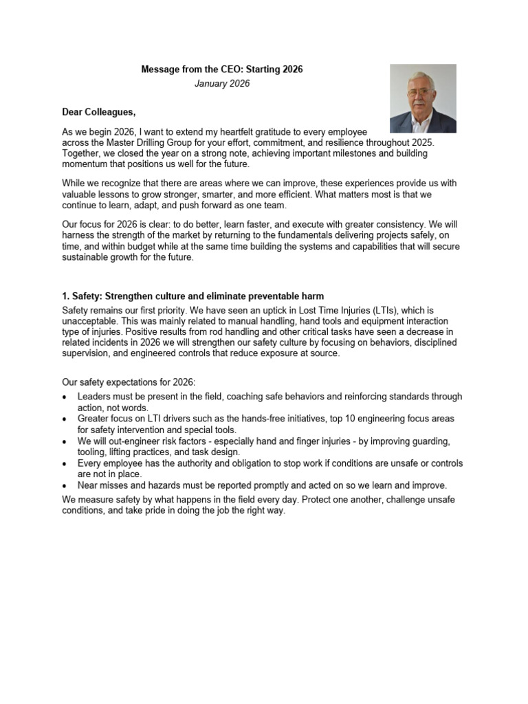 CEO Message To All Employees Start 2026 | PDF | Safety | Reliability ...