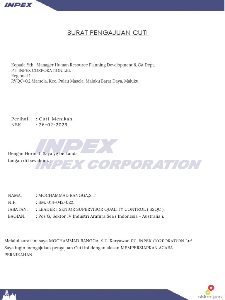 Pt. Inpex Corporation LTD - Berkas Pengajuan Cuti Menikah - Mochammad ...