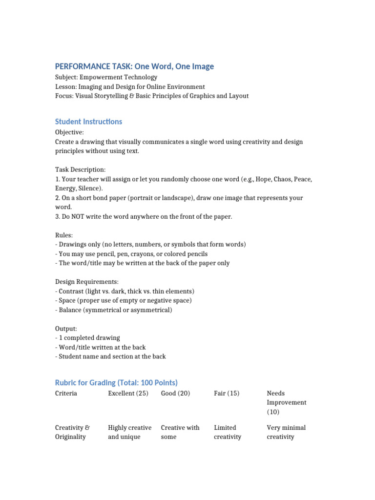 One Word One Image Performance Task | PDF