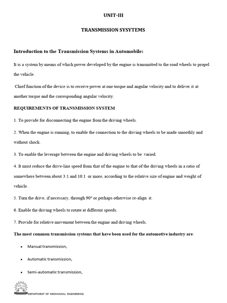 Automobile Engineering 3 Unit | PDF | Clutch | Manual Transmission