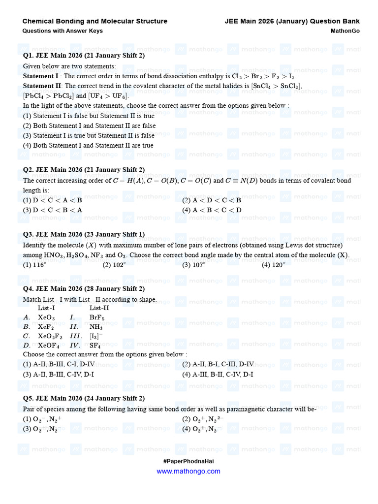 Chemical Bonding and Molecular Structure - JEE Main 2026 (Jan ...