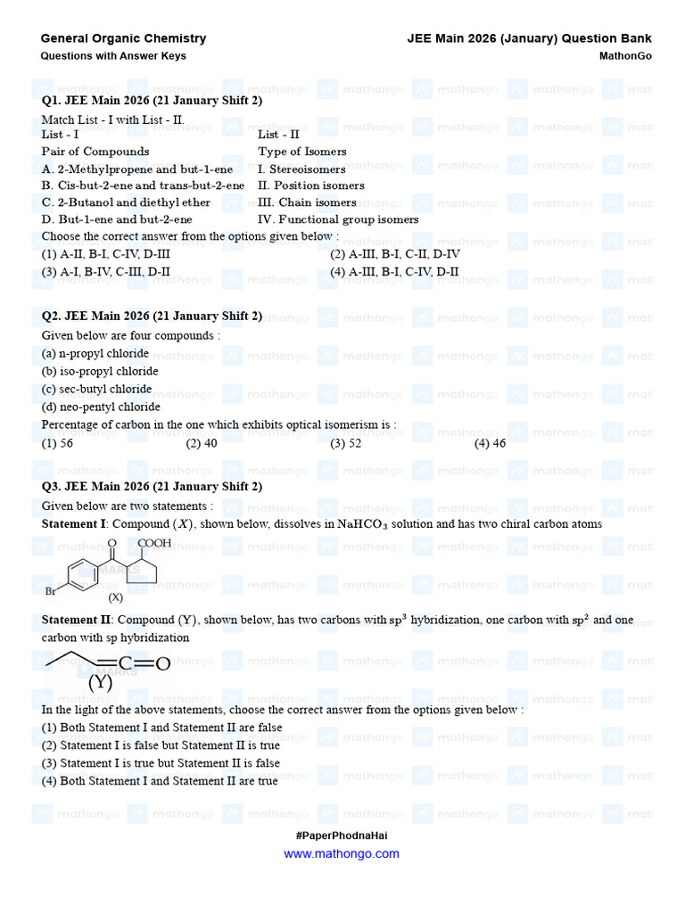 General Organic Chemistry - JEE Main 2026 (Jan) - MathonGo | PDF ...