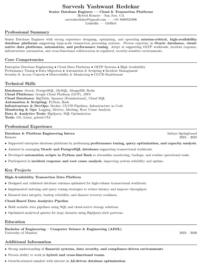 Resume Sarvesh Redekar Database Engineer | PDF | Databases | Cloud ...
