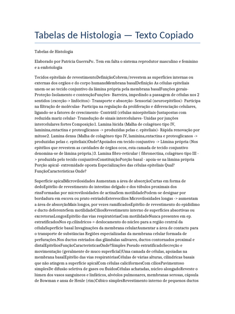 Tabelas Histologia Copiado | PDF | Osso | Pele