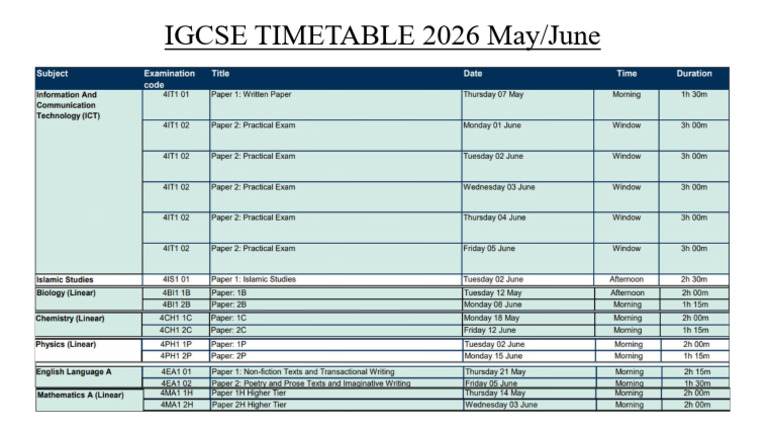 Igcse Timetable 2026 | PDF