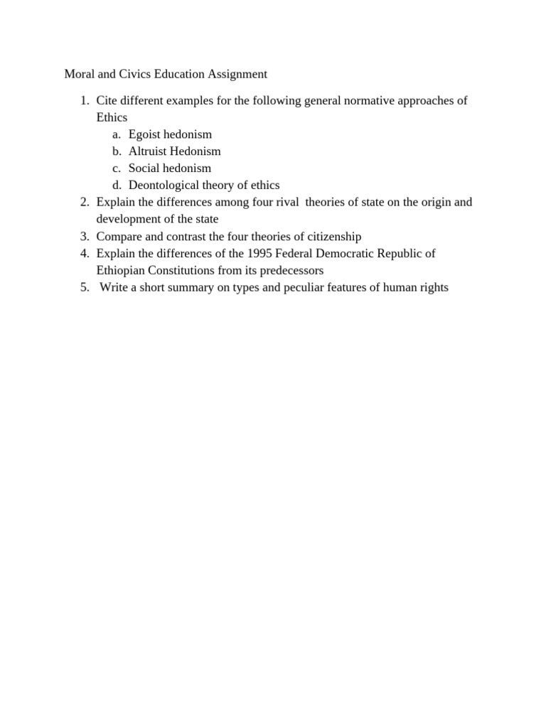 Moral and Civics Education Assignment | PDF