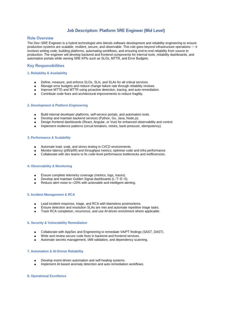 Platform SRE Engineer Job Description | PDF | Reliability Engineering ...