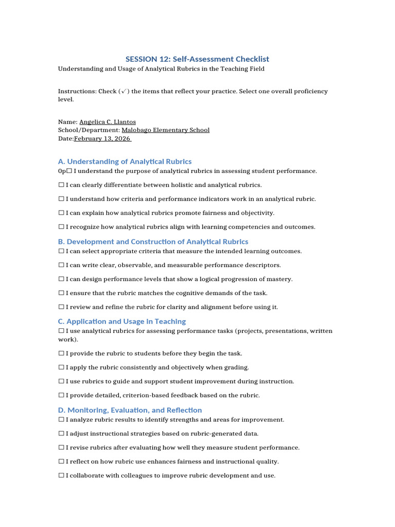 Analytical Rubric Self Assessment Checklist | PDF | Educational ...