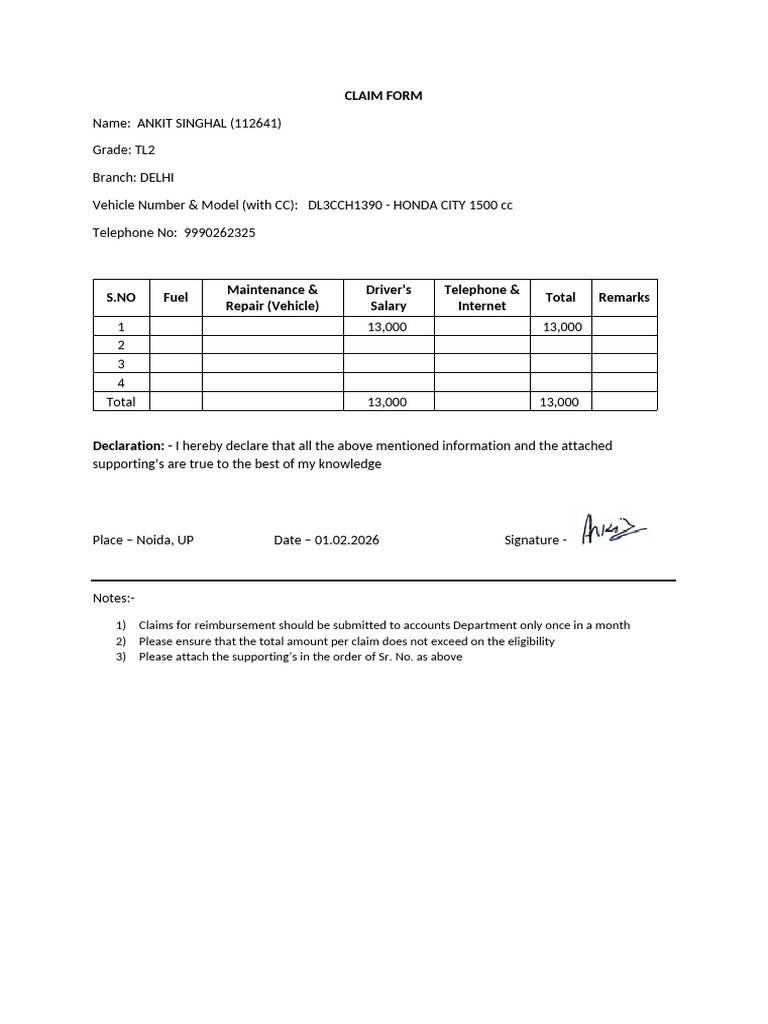 Driver Salary Claiming Jan - 2026 | PDF