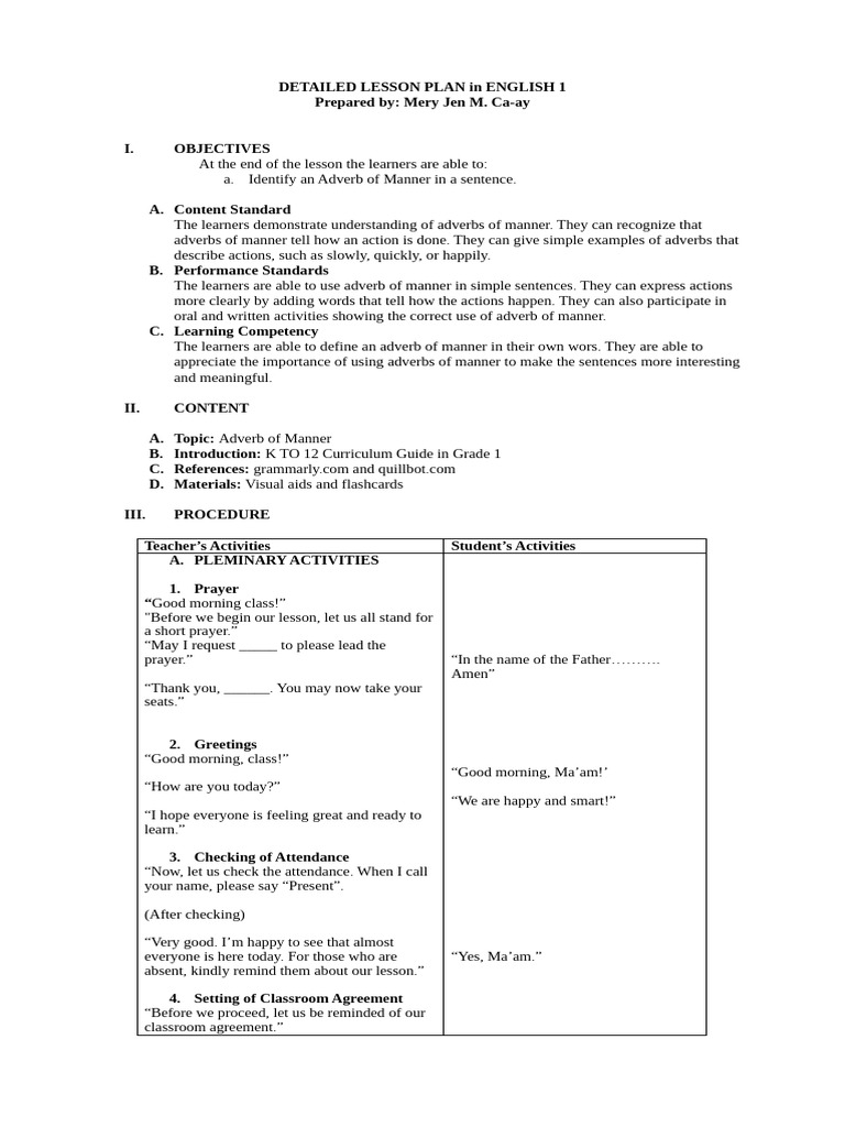 Detailed Lesson Plan in English 1 1 | PDF | Adverb | Lesson Plan