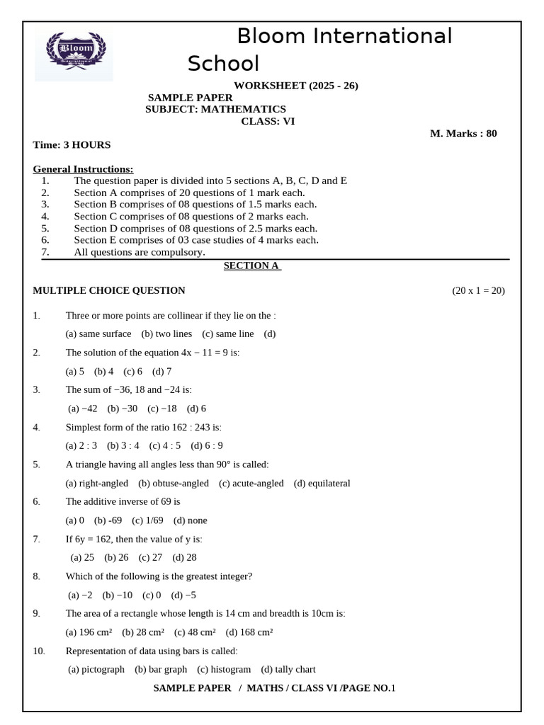 Worksheet 6th Class Sample Paper | PDF | Area | Length