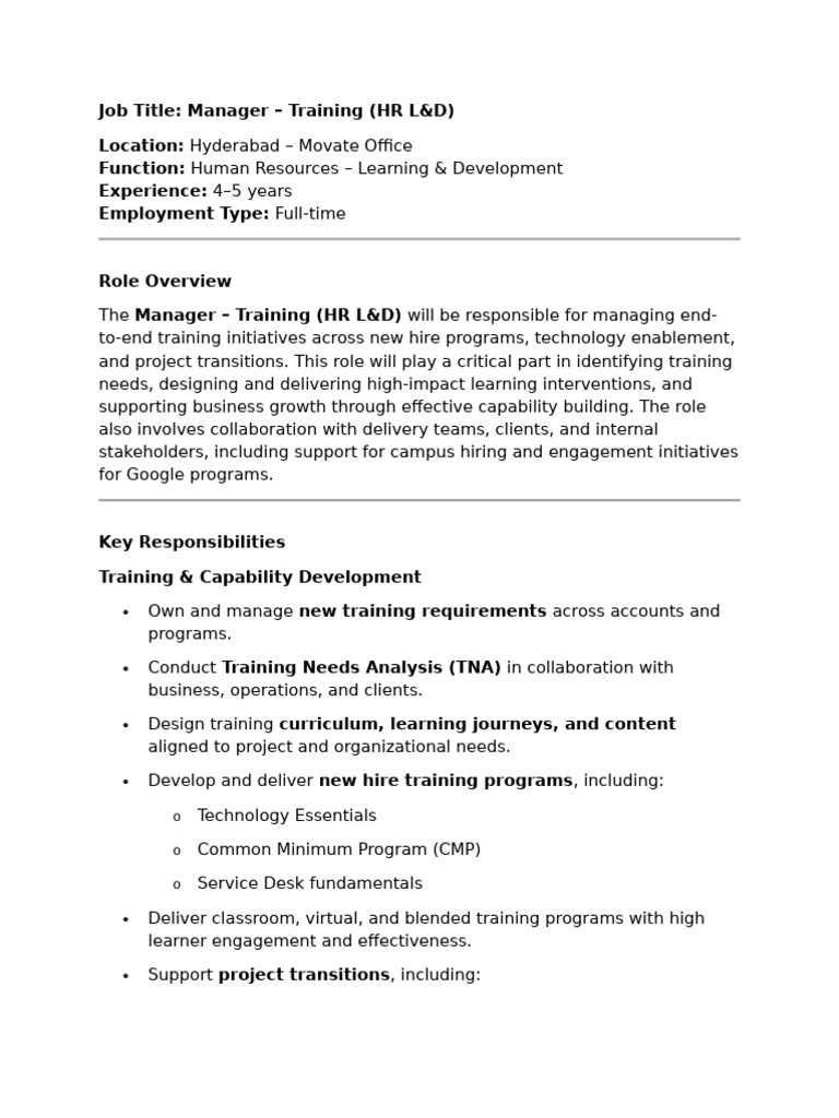 JD - Training Manager - Hyd | PDF | Learning | Skill