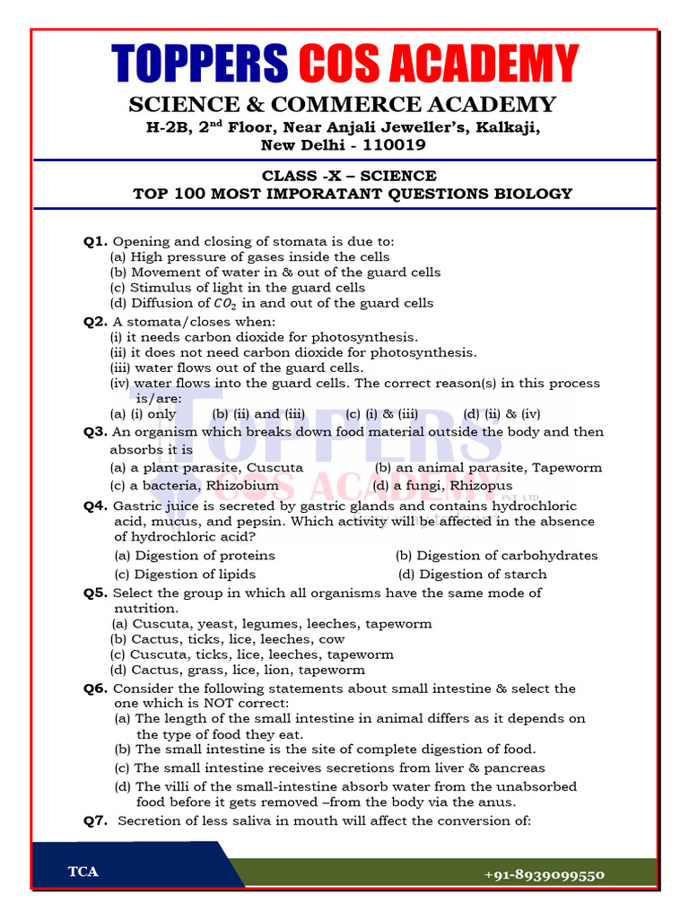 Science Class X Top 100 Questions Assignment | PDF | Lung | Fertilisation