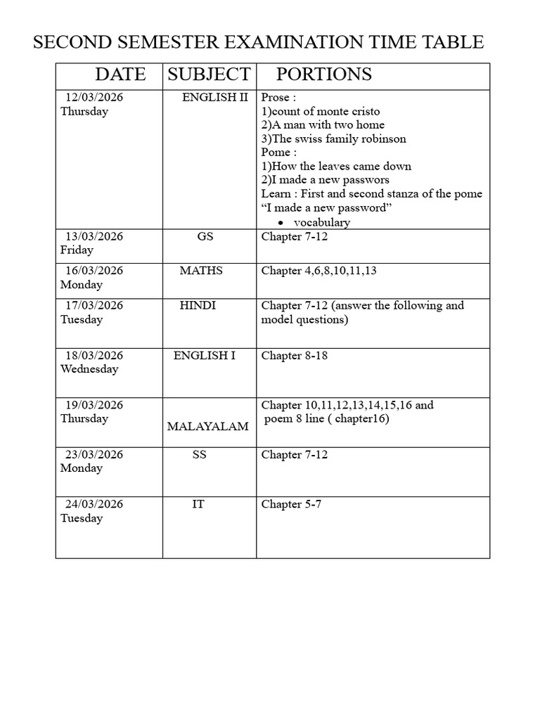 Second Semester Examination Time Table | PDF