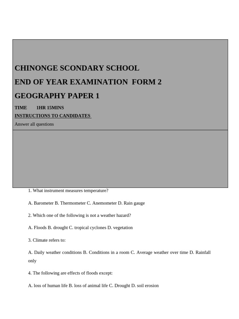 Form 2 Geo p1 End of Year 2025 - 030140 | PDF | Soil | Rain